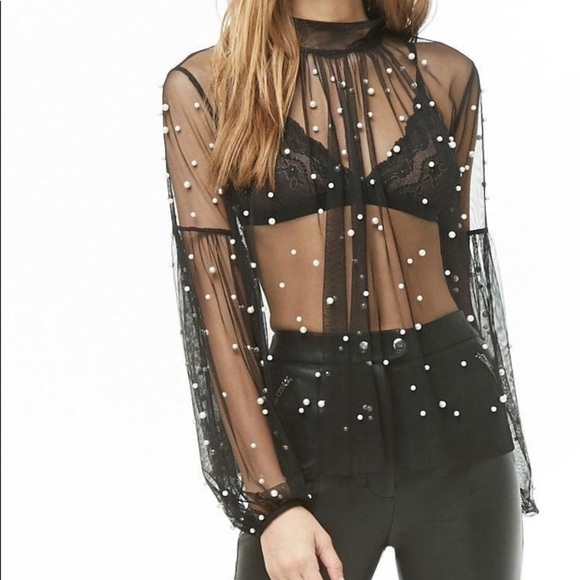 Forever 21 Faux Pearl Embellished Black
Tulle Sheer  High Neck Blouse M - Picture 1 of 7